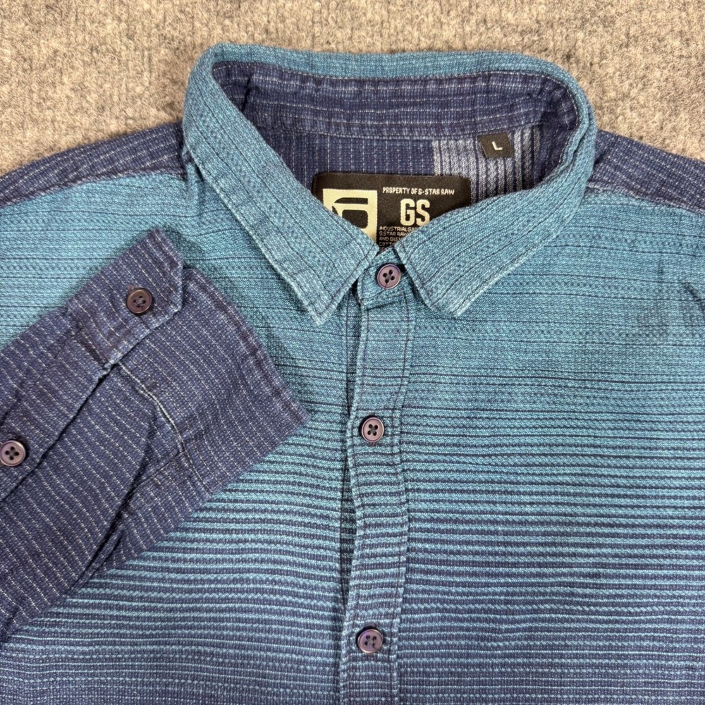 G-Star Raw Button Down Shirt Ombre Striped Men Size L Blue Cotton LS EUC